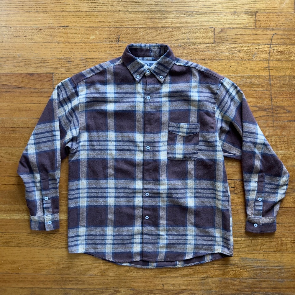 Brother Brother Flannel Shirt Plaid Button Up Long‎ Sleeve Brown Mens Small
